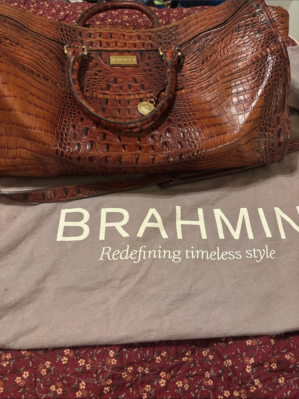 Brahmin Brown Croc-Embossed Leather Weekender Tote